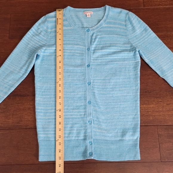 Merona Women's Size M Blue Striped 3/4 Sleeve Button-Up Cardigan Sweater - Picture 8 of 9